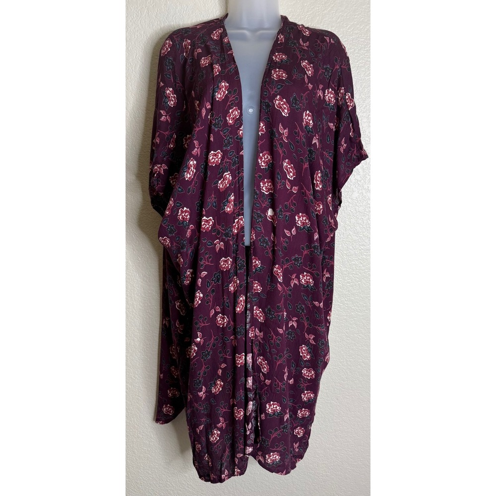Angie Womens Medium Kimono Wrap Burgundy Floral Print Rayon Open Front Boho NEW